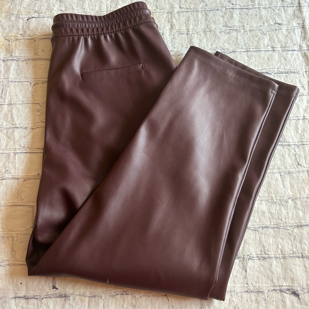 DARK BURGUNDY FAUX LEATHER ELASTIC DRAWSTRING WAIST HAS POCKETS WOMEN’S PANTS L